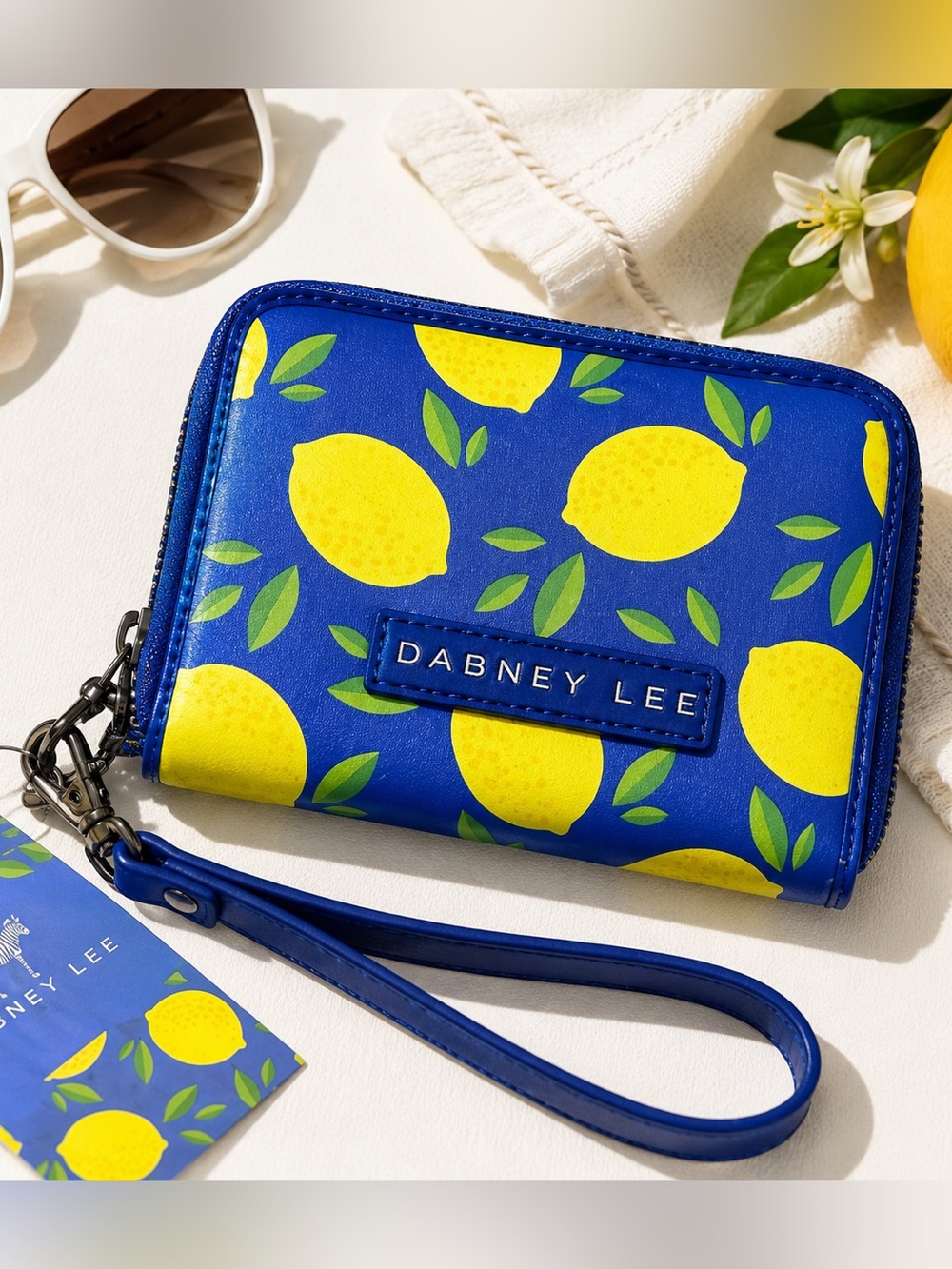 Dabney Lee Lemon Print Zip Around Wallet Wristlet NWT Blue Yellow